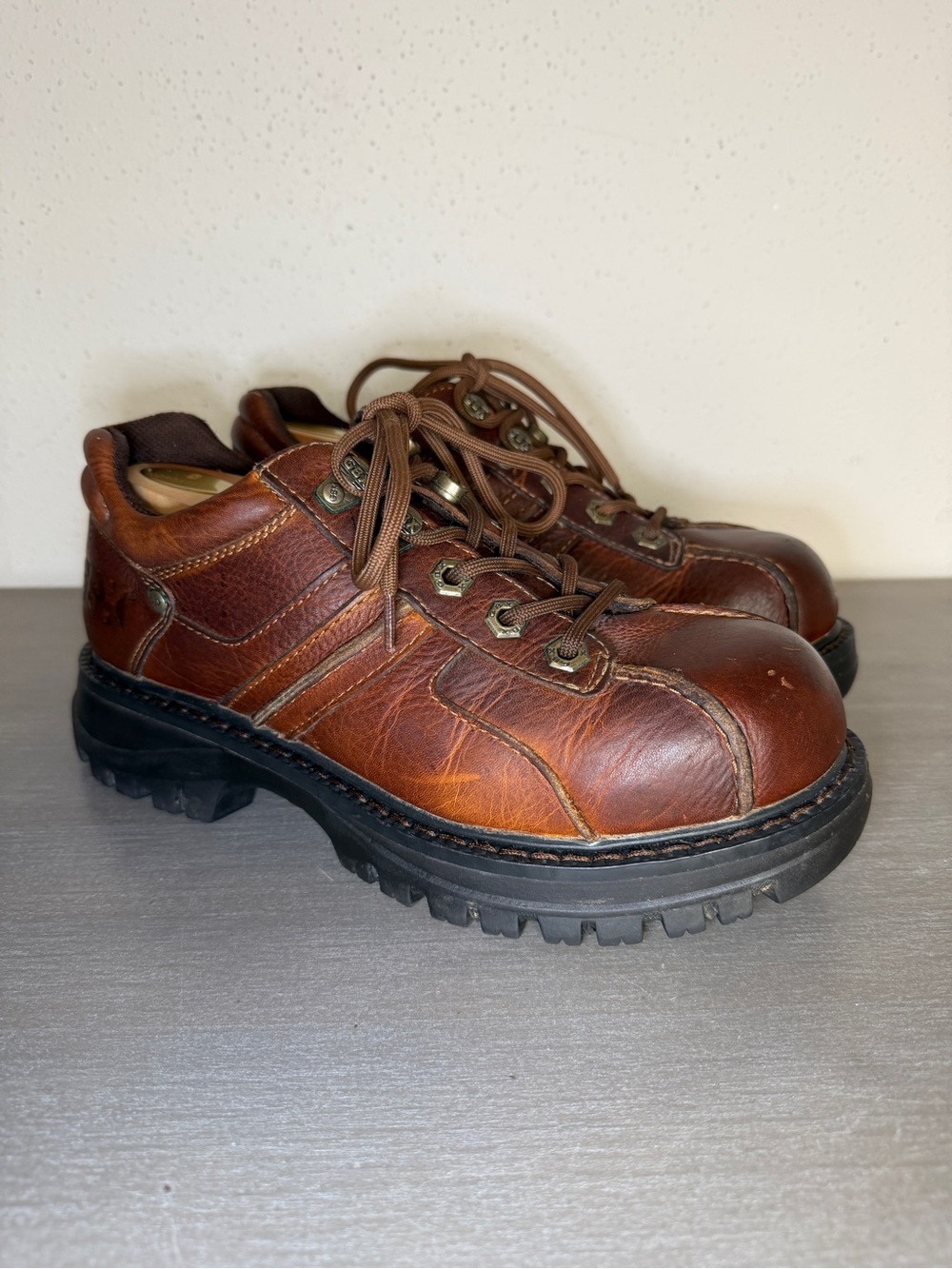 Vtg GBX  Russell Y2K Grunge Chunky Brown Leather Lug Sole Shoes Mens 9M